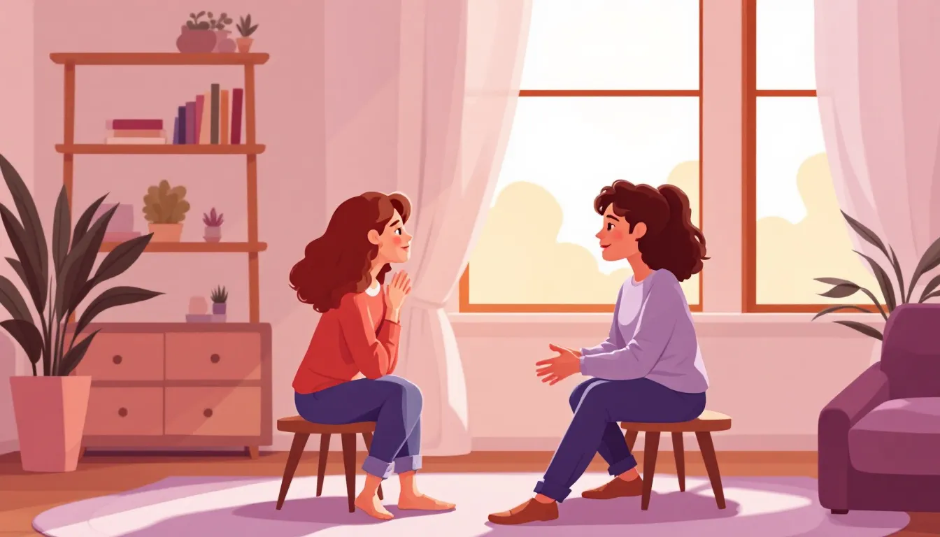 Two parents discussing their co-parenting approach, ensuring their children's well-being.