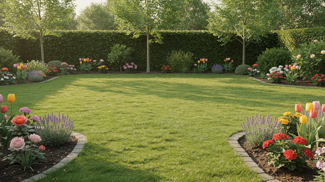 Une image d'un jardin résidentiel paisible, avec une pelouse bien entretenue et des massifs de fleurs colorées, sans aucun équipement visible en surface, évoquant un espace naturel agréable et harmonieux. Ce jardin pourrait bénéficier d'une micro station d'épuration pour un assainissement non collectif efficace, sans mauvaises odeurs.