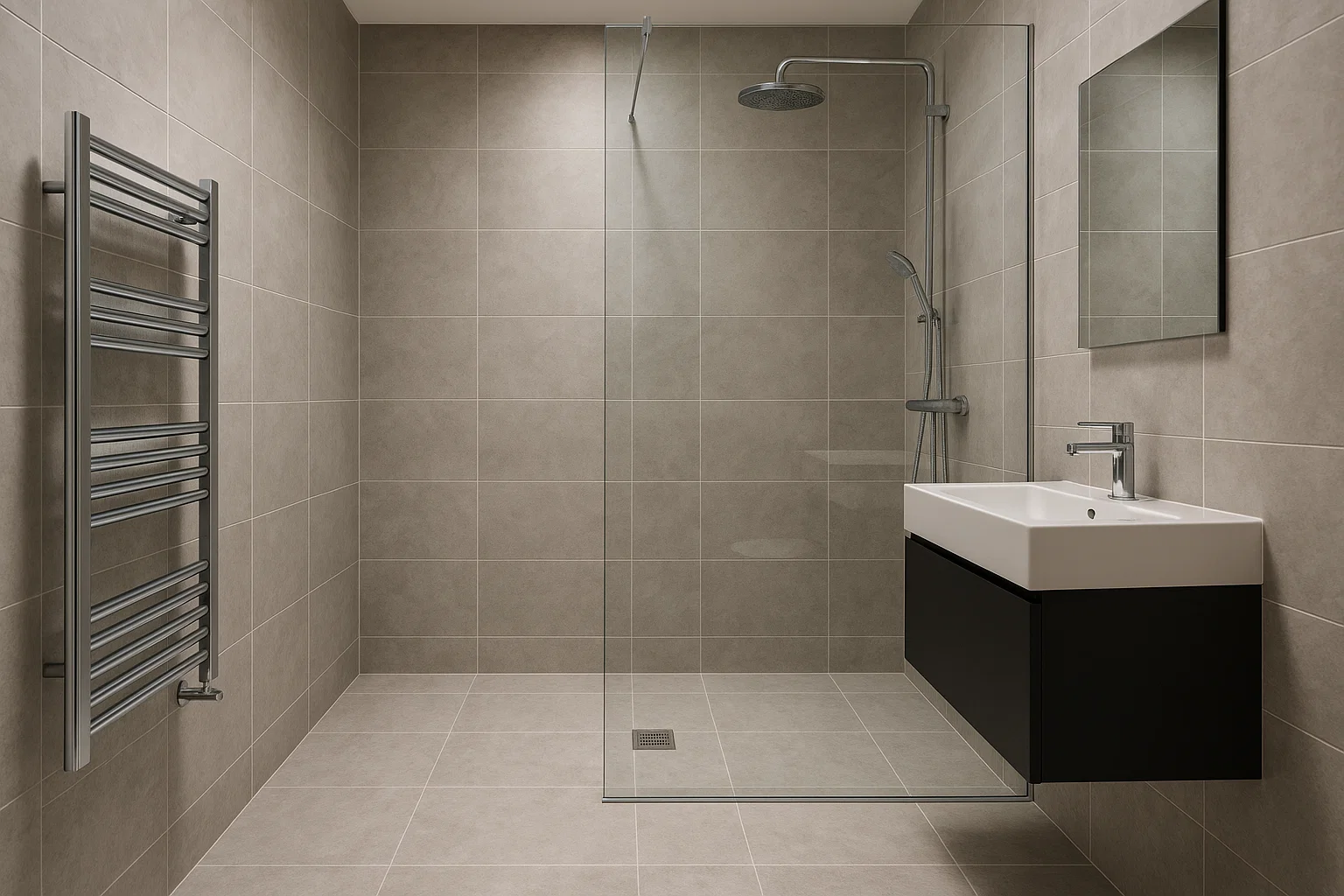 Modern wet room with floor drain, glass wet room screen, and fully tiled bathroom design in a small UK home.