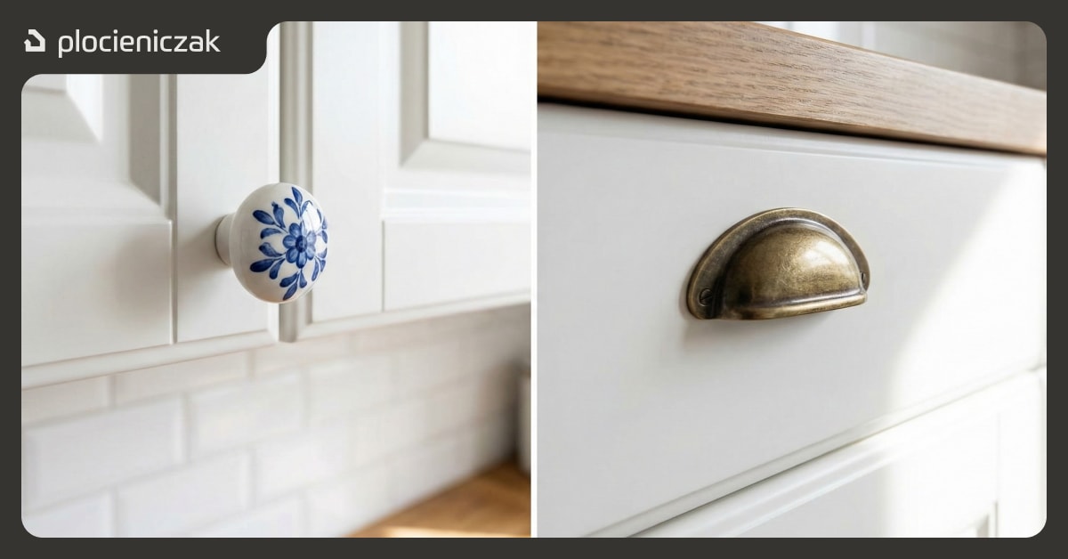 Klasyczne gałki porcelanowe i uchwyty muszelkowe do białej kuchni retro.