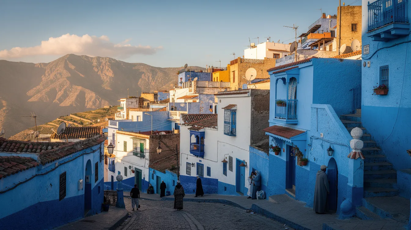 The image depicts a stunning view of blue-painted buildings cascading down a hillside in Chefchaouen, framed by the majestic Atlas Mountains in the background. This picturesque scene captures the essence of Morocco travel, showcasing the vibrant local culture and architecture that attracts adventure seekers and budget-conscious travelers alike.