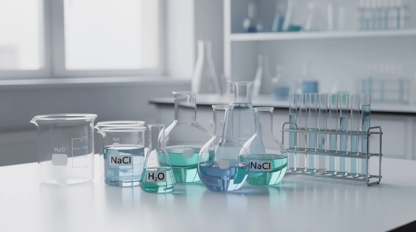 Na stole laboratoryjnym znajdują się r&oacute;żne szklane naczynia laboratoryjne, takie jak zlewki, kolby i prob&oacute;wki, kt&oacute;re mogą być używane do badań nad substancjami chemicznymi oraz ich przemianami w ramach nauki chemii w klasie 7, dział 1. W naczyniach mogą być umieszczone cieczy, kt&oacute;re są przedmiotem reakcji chemicznych.