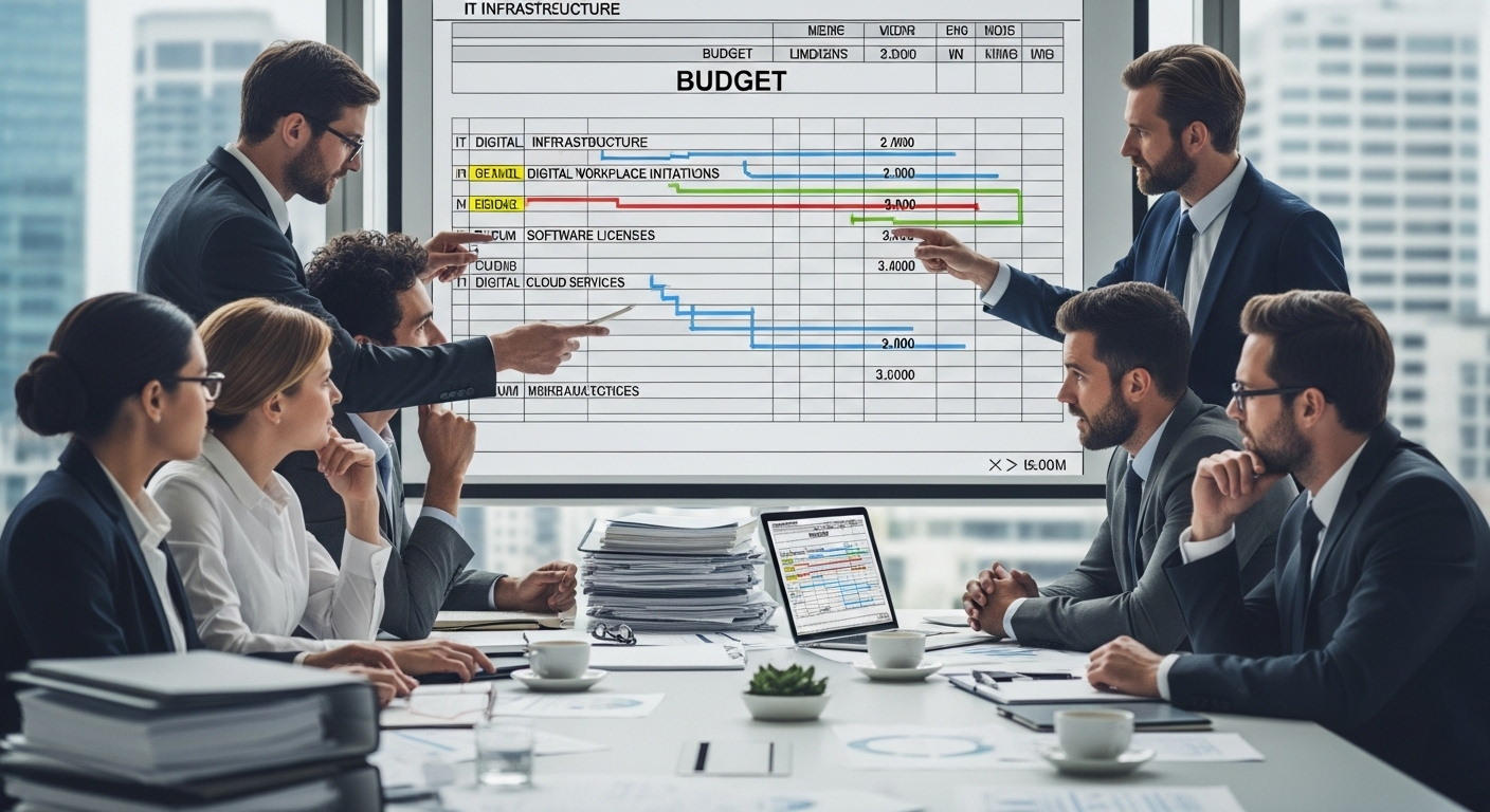 Business leaders reviewing limited IT budget allocation while digital workplace improvement projects compete for funding.