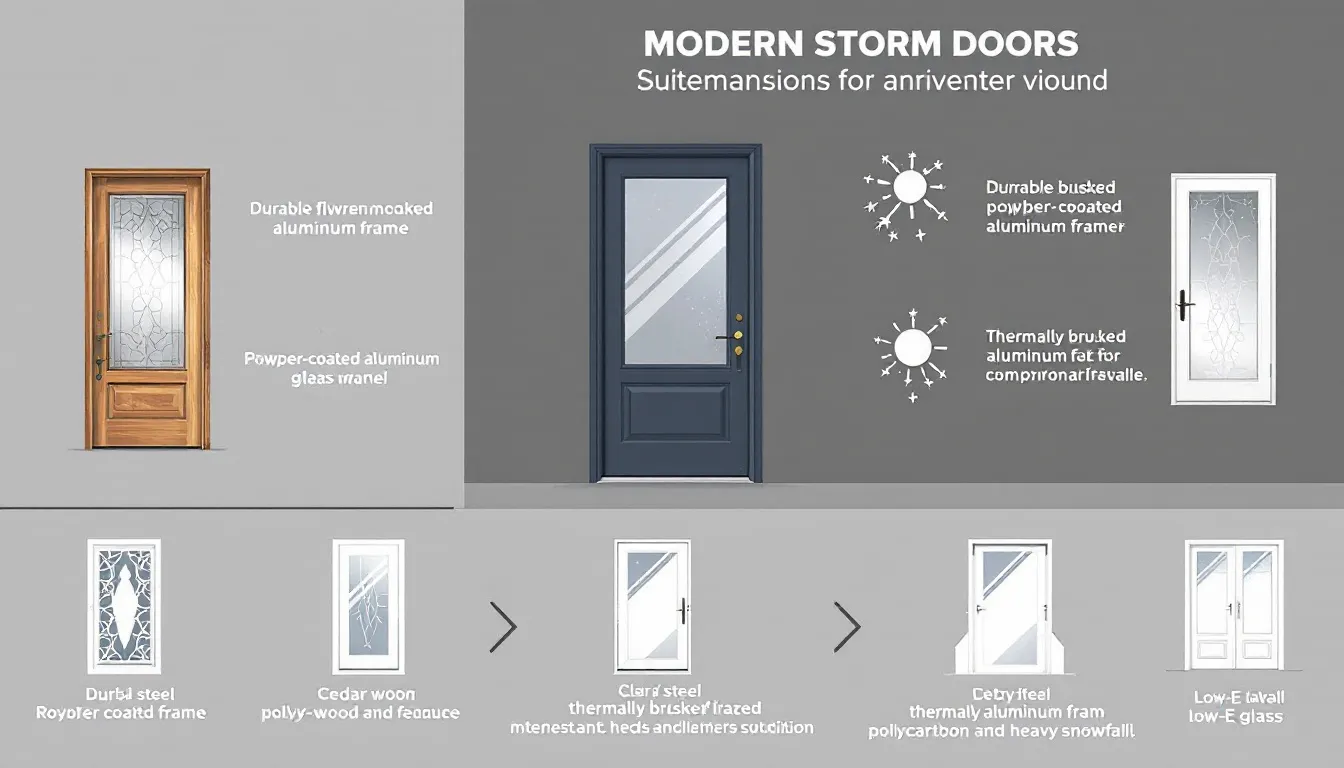 Full view and half view storm doors designed for various weather conditions.