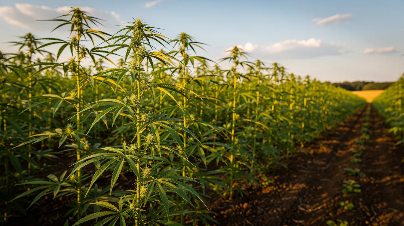 The image depicts lush green hemp plants thriving in a sunlit agricultural field, showcasing the vitality of hemp cultivation under federal law. This scene reflects the legal status of hemp and its potential for producing consumable hemp products, including hemp-derived THCA, in accordance with the Mississippi medical cannabis program.