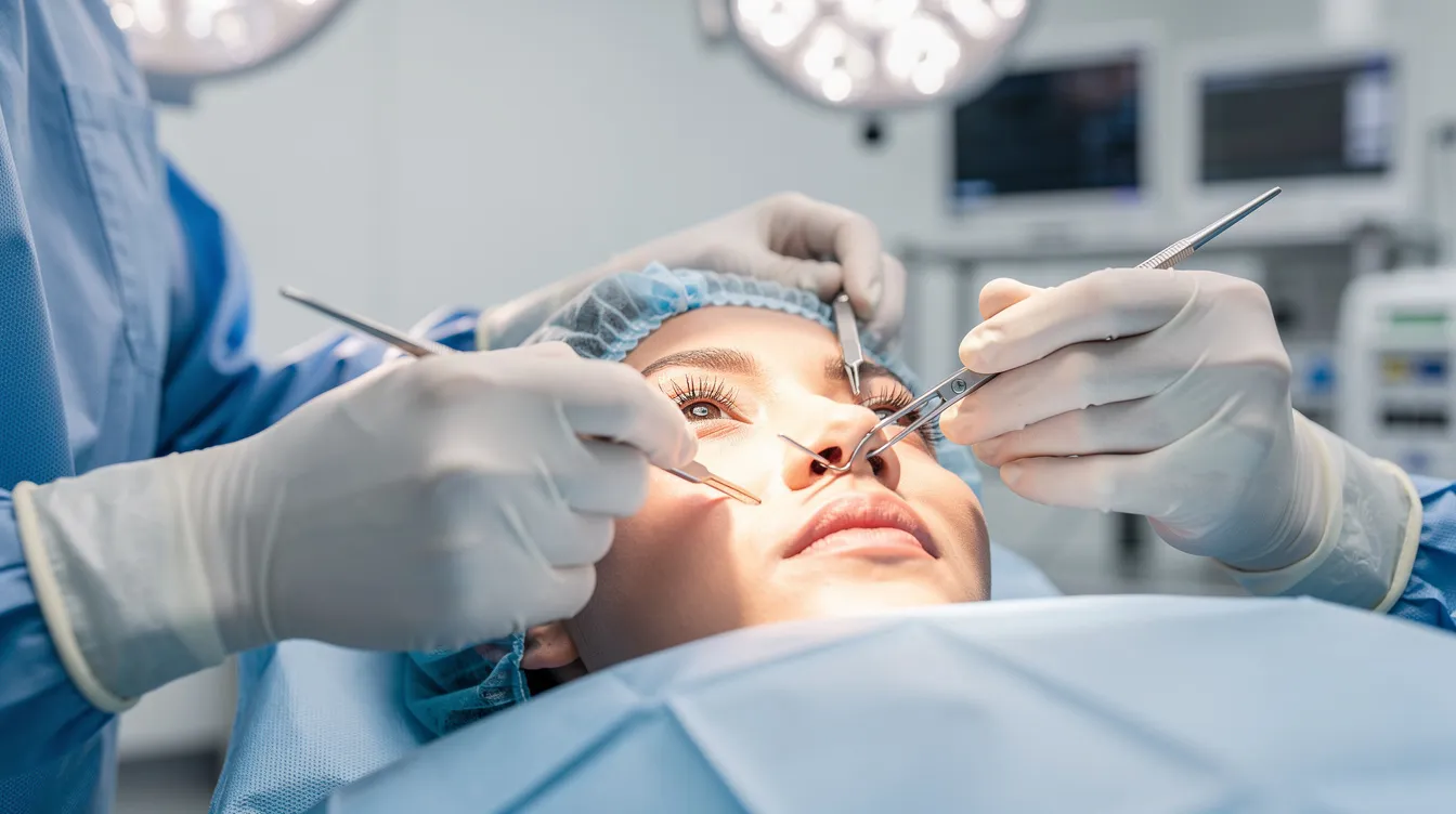 A surgeon's gloved hands are skillfully performing lower blepharoplasty with fat transfer near a patient's eye area in a well-lit operating room. The procedure focuses on enhancing the lower eyelids through facial fat grafting, showcasing the precision and care involved in achieving individual results.