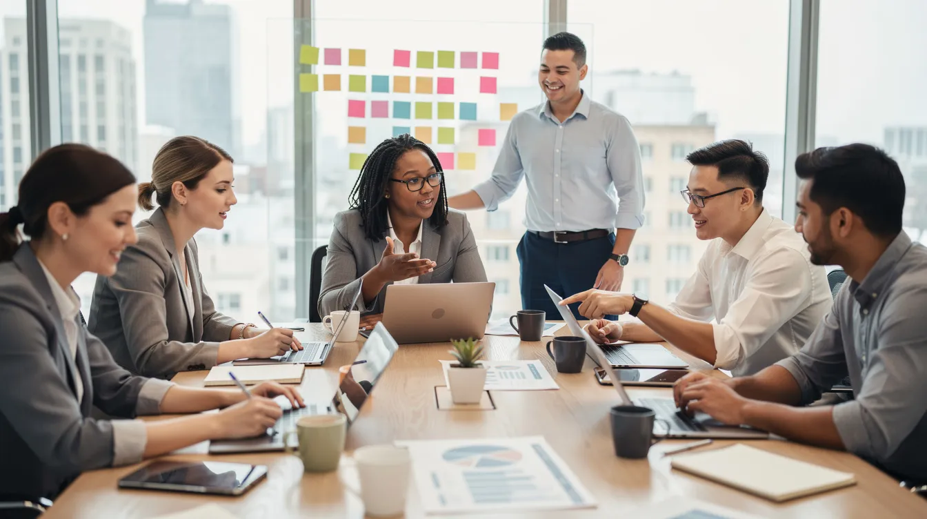 The image depicts a diverse group of professionals engaged in a collaborative meeting, discussing leadership skills and business strategies. They are focused on enhancing team dynamics and improving organizational performance through effective coaching programs.