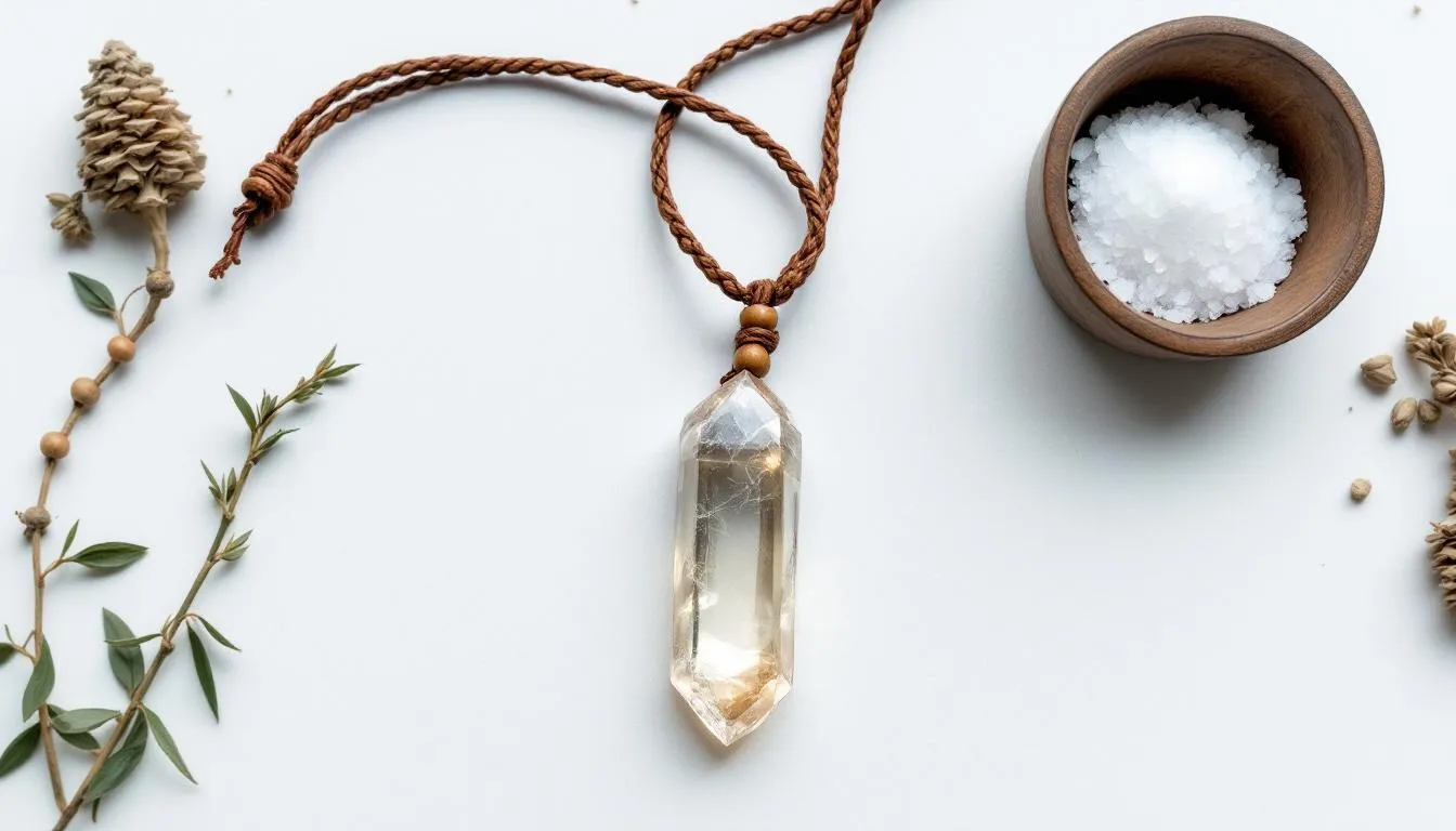 The image showcases an elegant spiritual protection necklace featuring a beautiful pendant adorned with symbols like the evil eye and hamsa hand, designed to provide protection against negative energies while attracting positive energy and good fortune. This daily accessory not only enhances the wearer's style but also serves as a constant reminder of their spiritual path and inner strength.