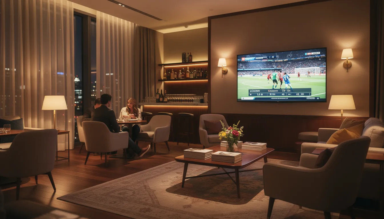 The image showcases a cozy boutique hotel lounge featuring comfortable seating and a television displaying a sports broadcast, creating an inviting atmosphere for guests. The lounge is designed for relaxation and entertainment, ideal for enjoying DSTV's multichoice channels while discussing DSTV installation services available in Franschhoek.