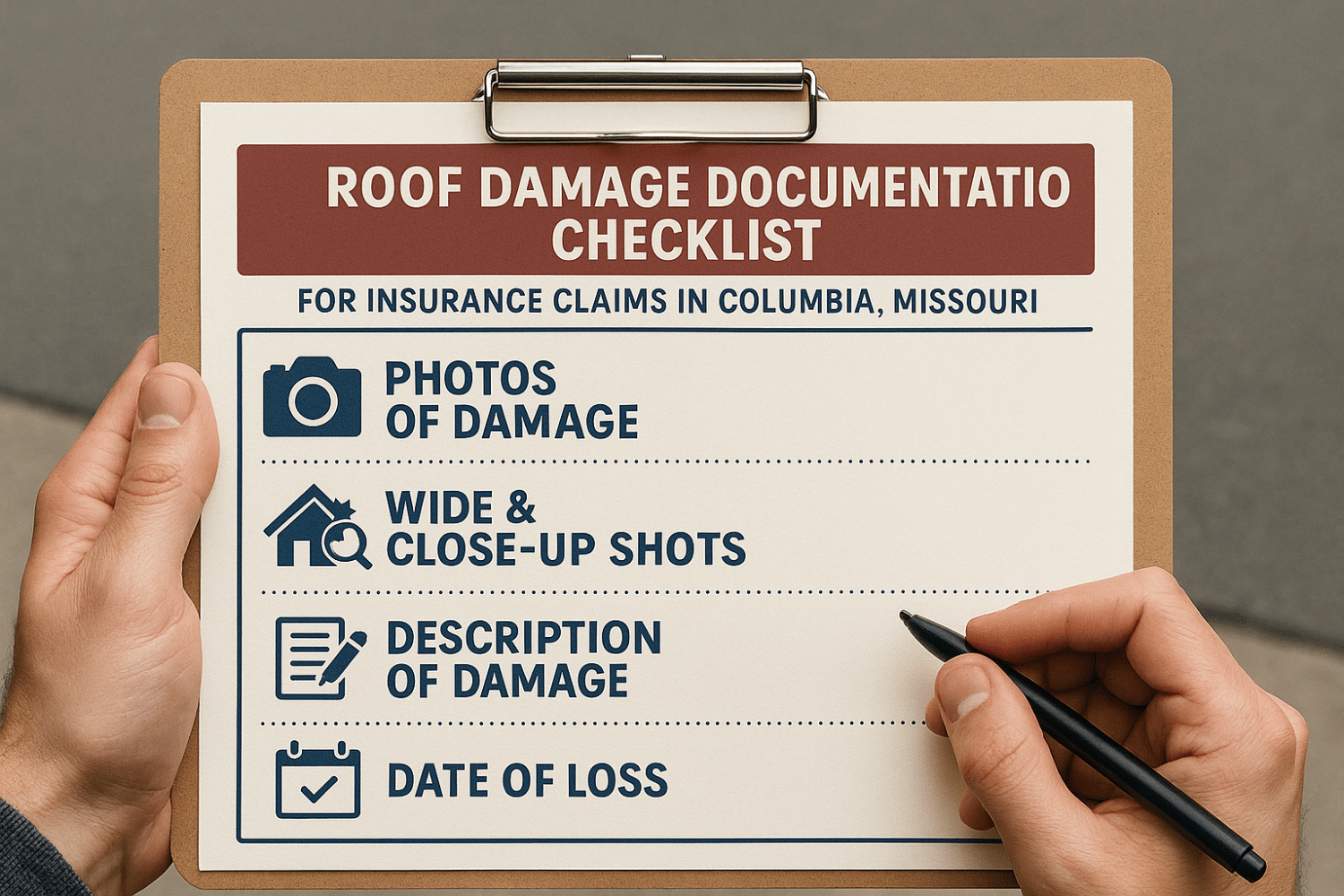 Roof damage documentation checklist infographic for insurance claims in Columbia Missouri