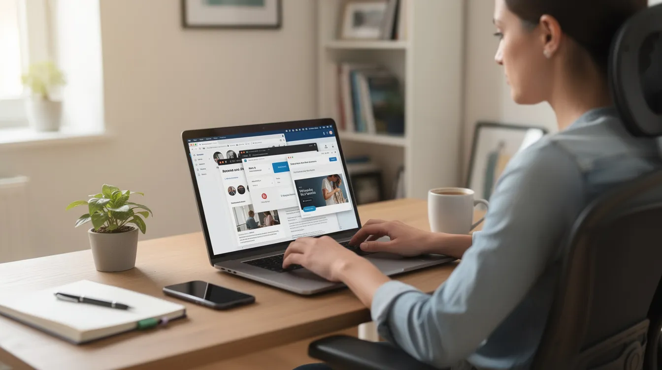 A person is seated at a home office desk, focused on their laptop, which displays multiple browser windows related to managing an online store. The scene reflects the hustle of running a dropshipping business, showcasing the essential elements of inventory management and customer communication in the e-commerce landscape.