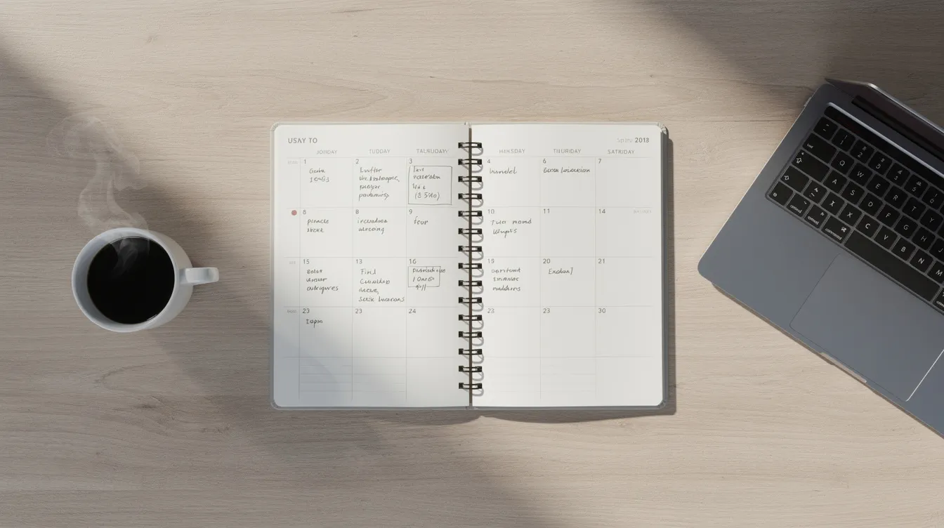 The image features a calendar planner on a wooden desk, accompanied by a coffee cup and a laptop, creating a cozy workspace atmosphere ideal for planning digital marketing strategies and SEO campaigns. This setup suggests a focus on organization and productivity, essential for managing tasks related to local SEO and digital marketing services.