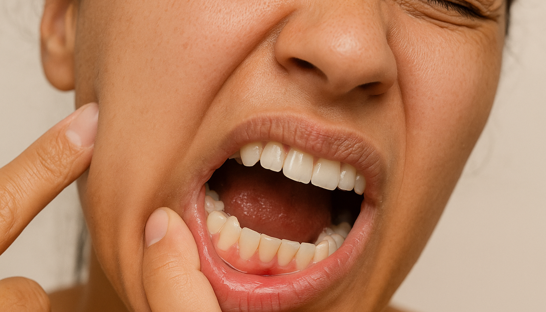 Perikoronitt: Når visdomstannen skaper betennelse 21 Ung person peker på betent tannkjøtt rundt delvis frembrutt visdomstann som viser tegn på perikoronitt.