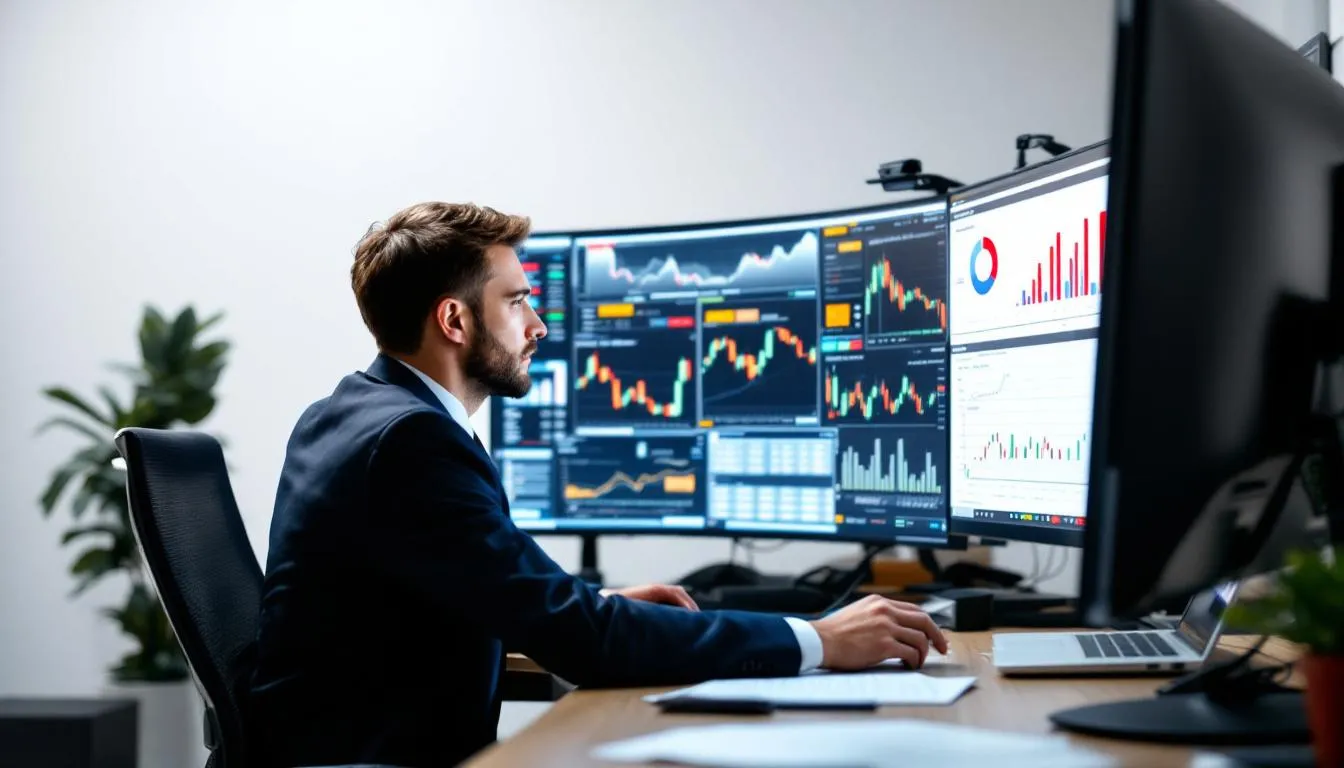 A professional financial analyst is intently comparing various financial charts and metrics displayed on multiple computer monitors, focusing on key indicators such as gross operating profit (GOP), net profit margins, and hotel profitability. The analyst is likely evaluating the hotel’s financial health by analyzing operating expenses, total revenue, and revenue management strategies.