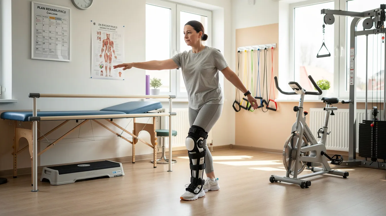 Na sali z przyrządami do ćwiczeń, osoba wykonuje ćwiczenia rehabilitacyjne, mające na celu poprawę sprawności fizycznej. To część procesu rehabilitacji medycznej, która wspiera pacjentów w powrocie do pełnej sprawności po urazach lub operacjach.