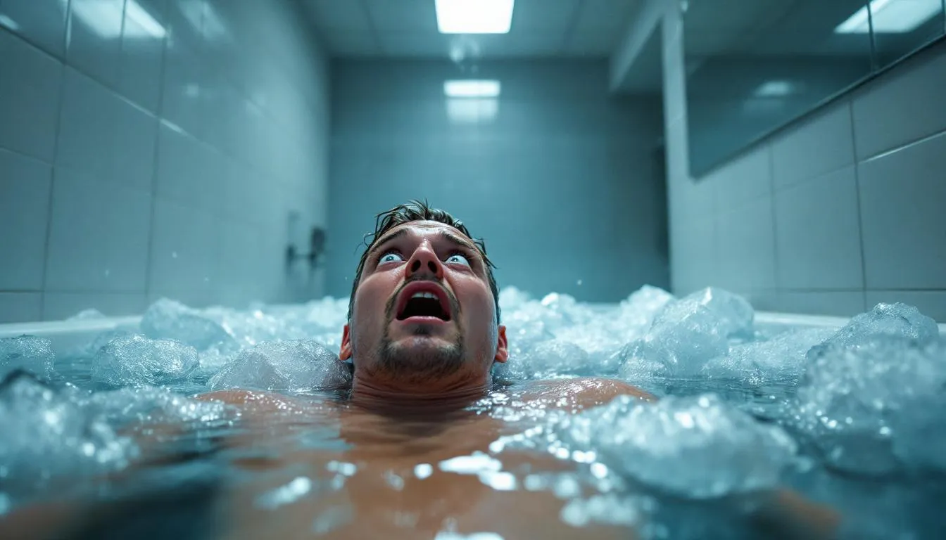 A person experiencing the initial shock of taking an ice bath, showcasing the moment of cold water immersion.
