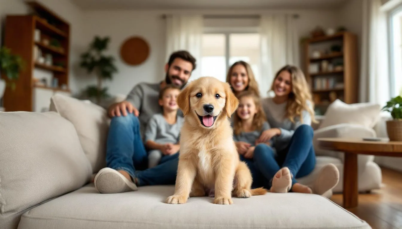 A mini goldendoodle is sitting happily with a family in a cozy living room, showcasing its affectionate nature and friendly demeanor. The family members, including children, are engaging with the dog, highlighting the companionship and joy that comes with adopting a mini goldendoodle as a pet.