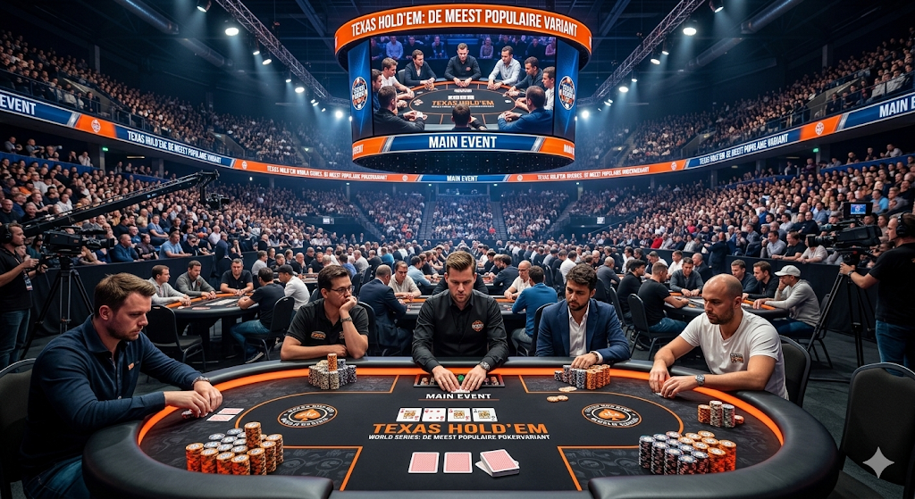 Professioneel Texas Hold’em poker toernooi met spelers aan de finaletafel tijdens een groot main event, de meest populaire variant van online en live poker.
