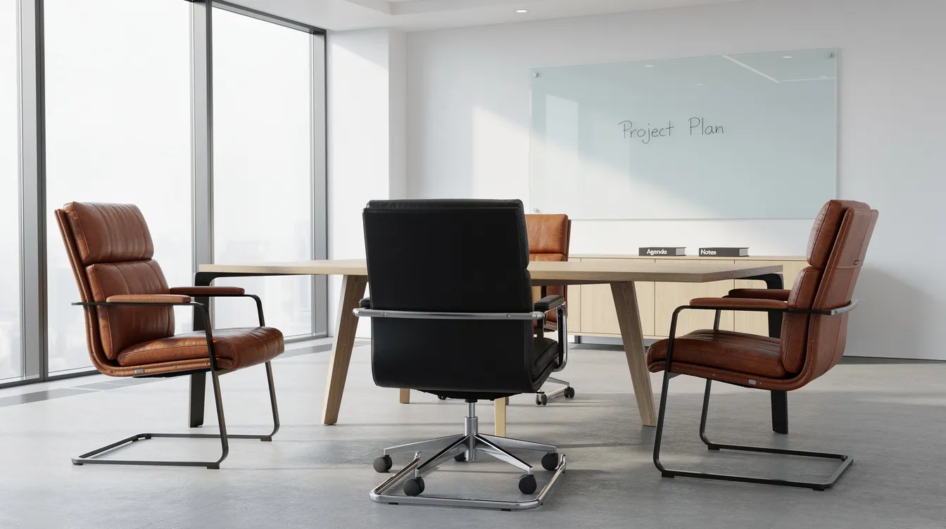 I bilden syns olika kontorsstolar i äkta läder i färgerna brunt, svart och cognac, elegant placerade i ett stilrent mötesrum. Stolarna har armstöd och ergonomisk design, vilket bidrar till både komfort och kvalitet i arbetsmiljön.
