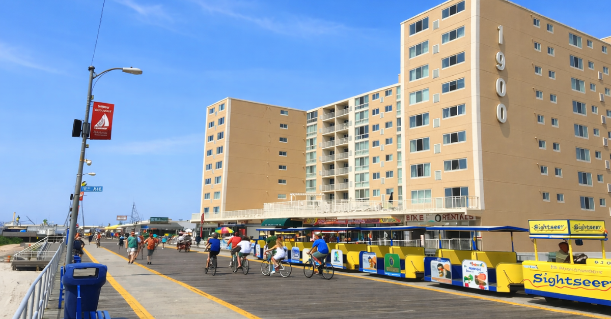 1900 Boardwalk Wildwood NJ oceanfront condo building along the North Wildwood boardwalk with Sightseer tram and bike rentals in front.