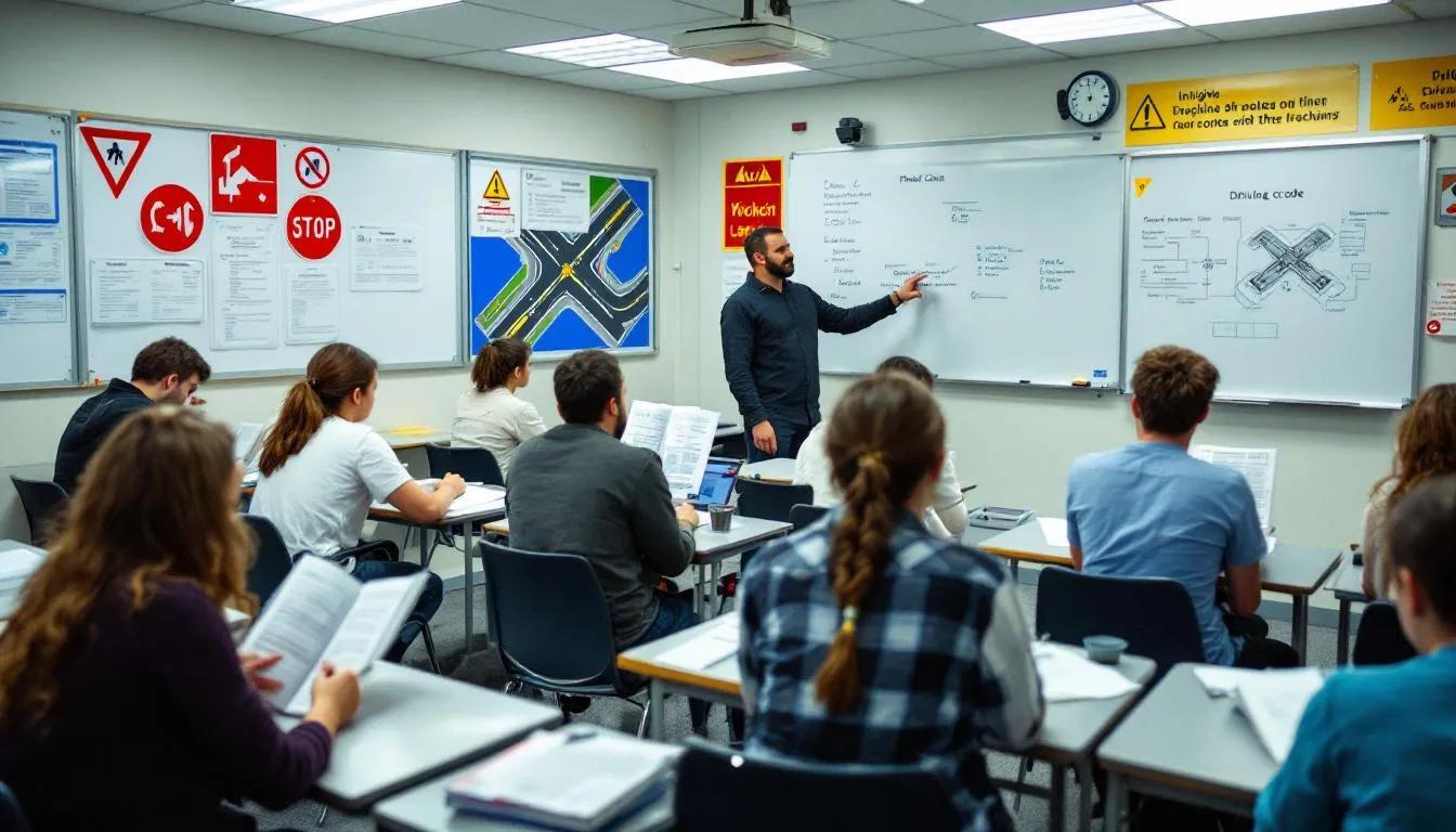 En el aula de una autoescuela, varios alumnos están concentrados estudiando el código de circulación, preparándose para el examen de obtención del carnet de conducir. Las mesas están llenas de libros y materiales de estudio relacionados con los requisitos y trámites necesarios para obtener el permiso de conducción en España.