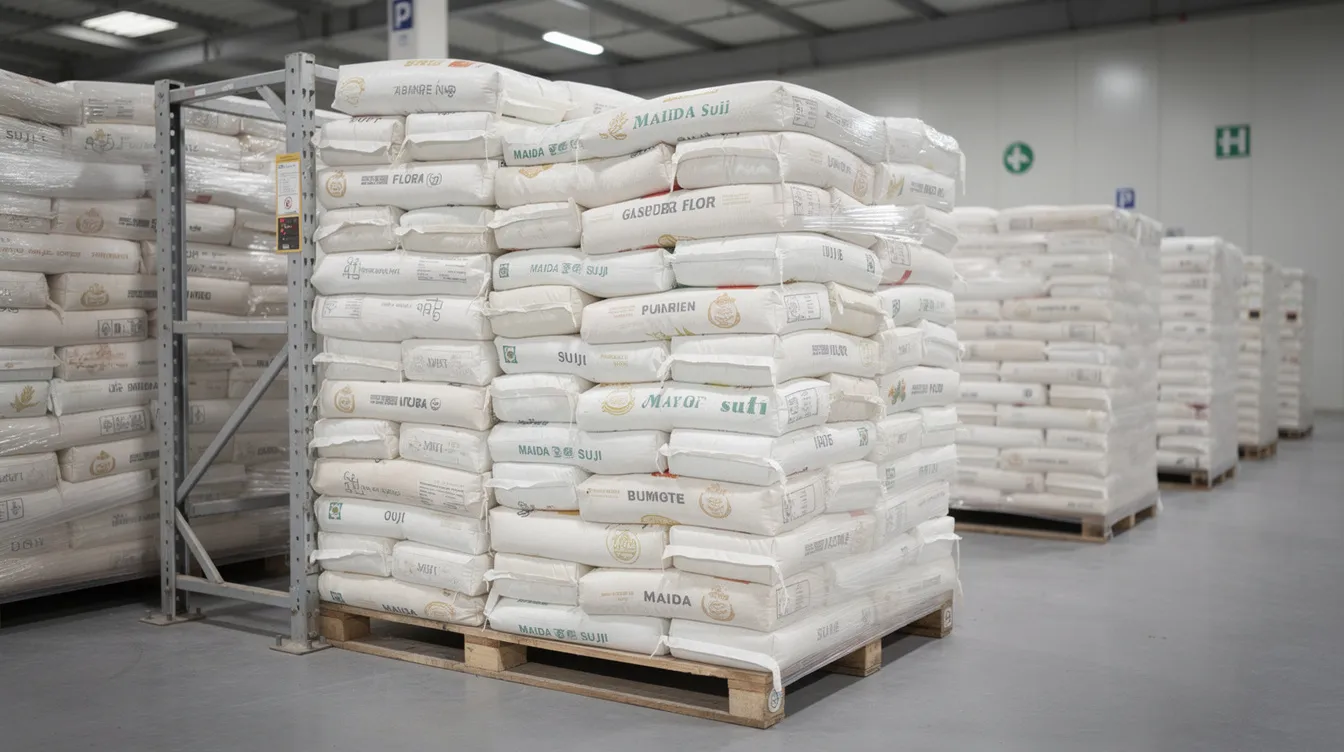 The image shows neatly stacked bags of maida and suji flour products inside a clean warehouse facility, highlighting the organized storage of wheat flour products essential for various food preparations. The setting reflects a well-maintained environment suitable for processing wheat and storing high-quality flour.