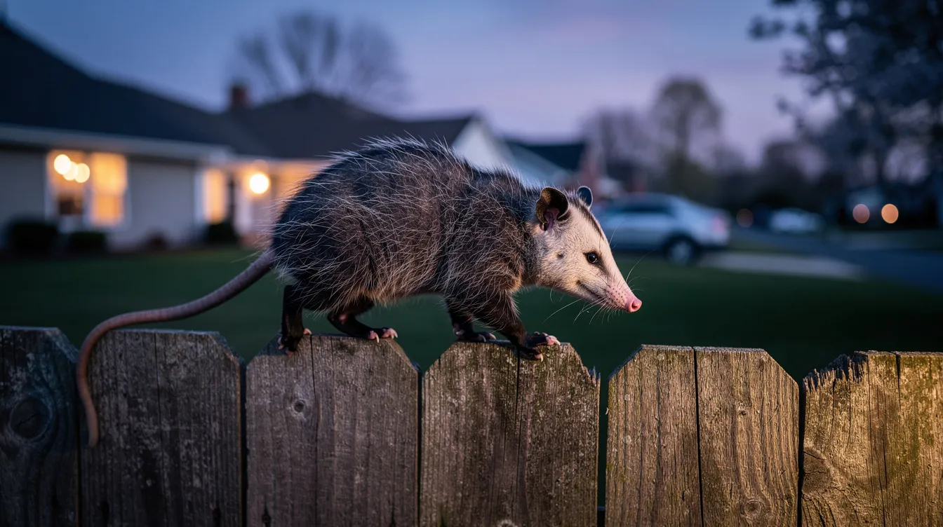 A Virginia opossum is seen walking along a wooden backyard fence at dusk in a suburban neighborhood, showcasing the presence of wildlife in residential areas. This image highlights the importance of wildlife removal services to manage interactions with such wild animals humanely and safely.