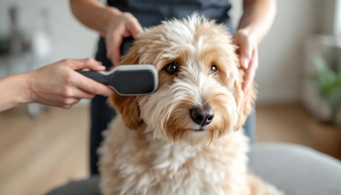 A miniature goldendoodle is being gently brushed, showcasing proper grooming techniques that contribute to the dog