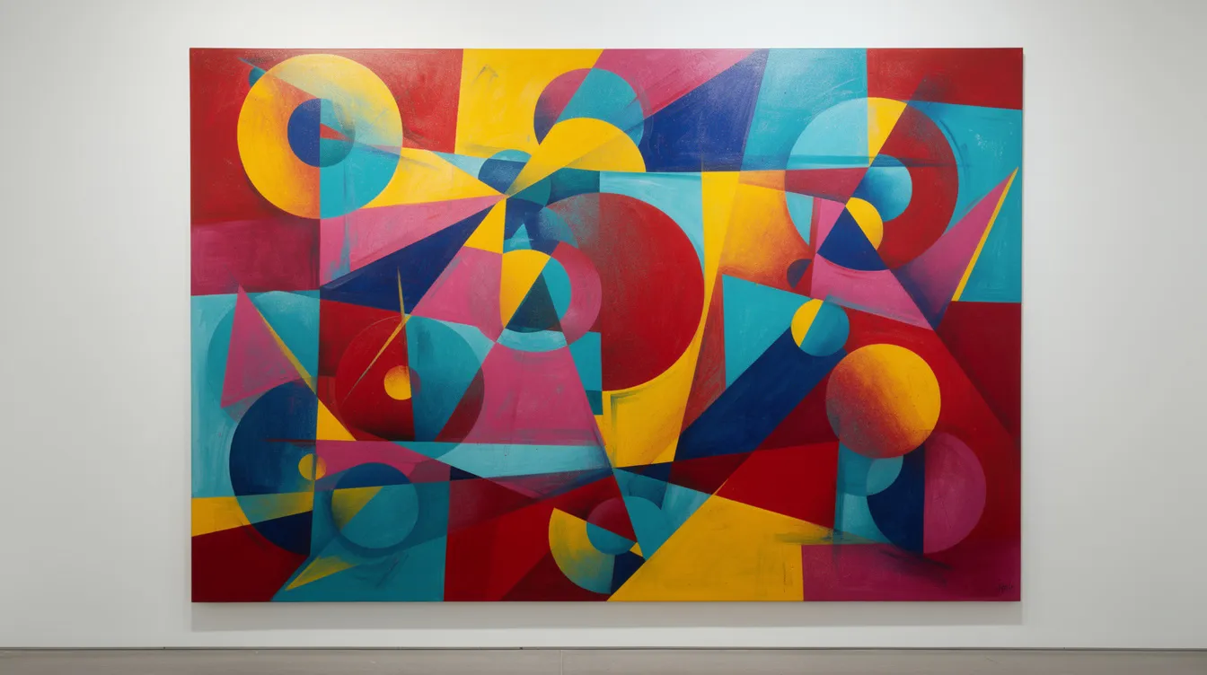 Das Bild zeigt eine abstrakte, farbenfrohe Komposition mit geometrischen Formen, die in kräftigen Farben auf einer Leinwand angeordnet sind. Diese Darstellung spiegelt Elemente der modernen und zeitgenössischen Kunst wider und vermittelt eine dynamische Wirkung durch die Verwendung verschiedener Formen und Farbkontraste.