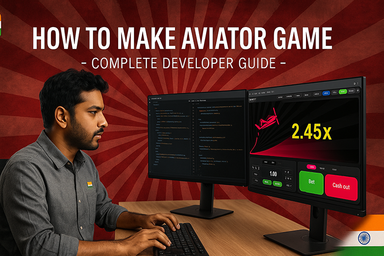 Complete developer guide for creating Aviator game with Indian developer working on computer showing Aviator interface