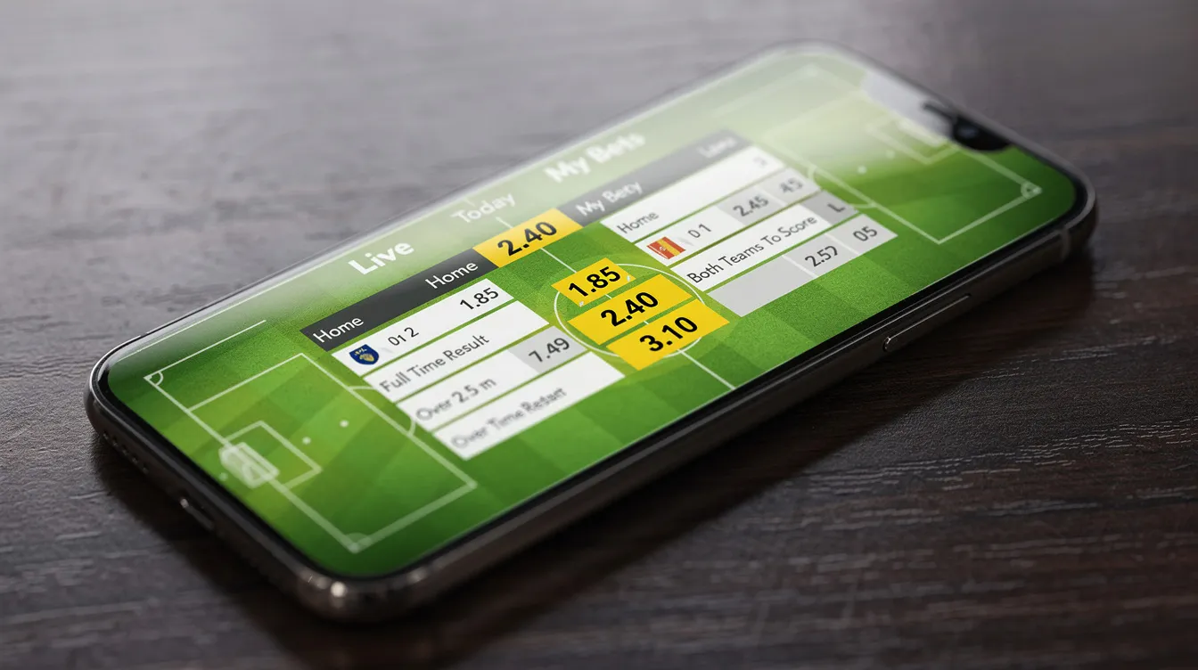 A close-up of a smartphone screen reveals a vibrant live football betting interface, showcasing competitive odds against a backdrop of a green football pitch. This image highlights the convenience of mobile betting for football bettors, offering options for in-play betting and various betting markets.