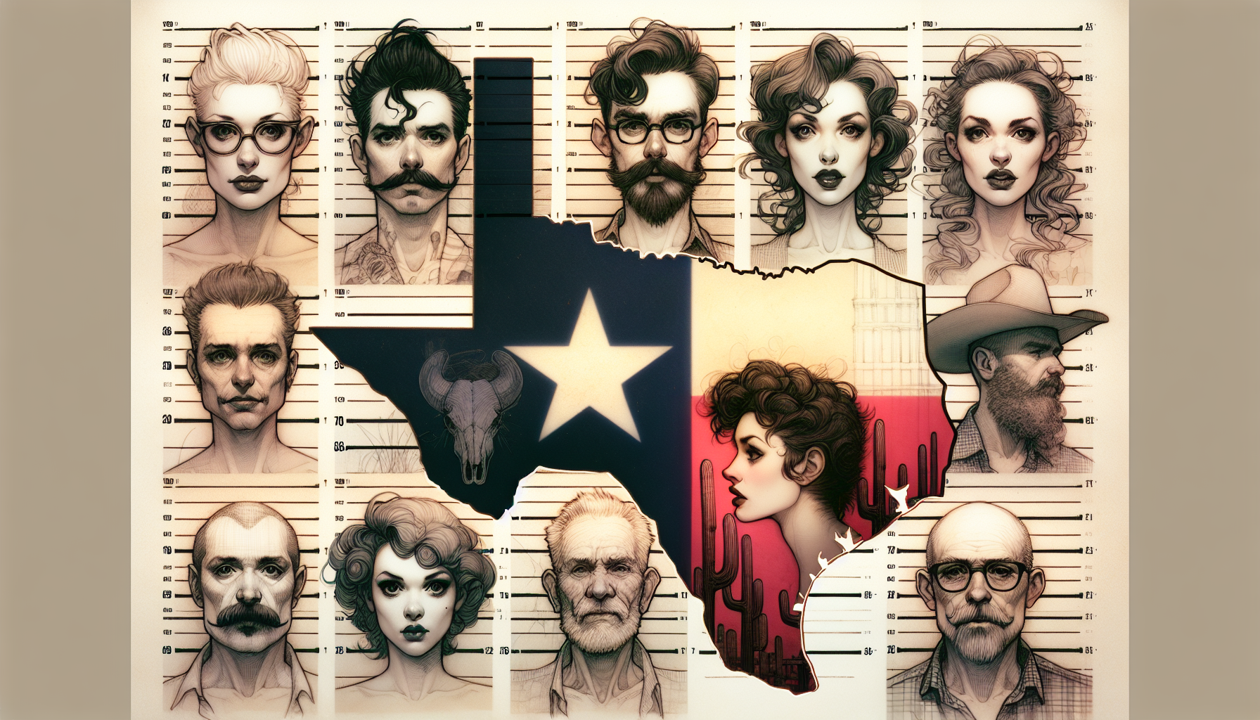 An illustration depicting various Texas mugshots.