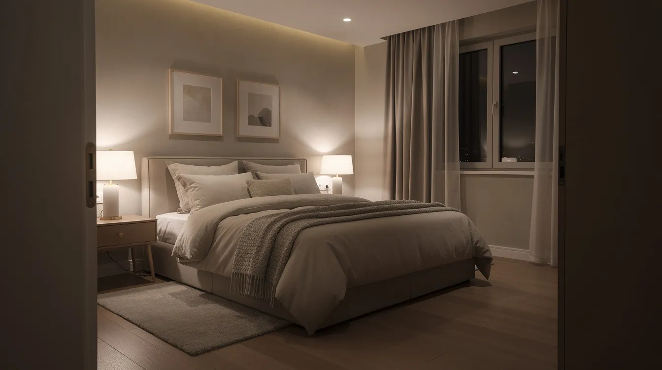 The image depicts a serene bedroom adorned with soft, dim lighting and plush bedding, creating a tranquil atmosphere ideal for promoting quality sleep. This calming environment is essential for maintaining a healthy sleep routine, which can significantly enhance athletic performance and overall well-being.