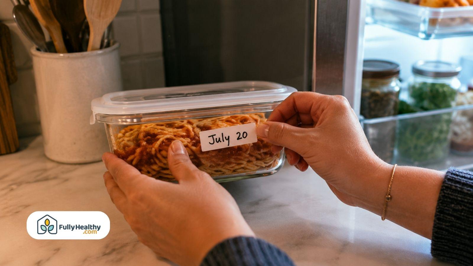 Person labeling leftover spaghetti container with storage date before refrigerating leftovers.