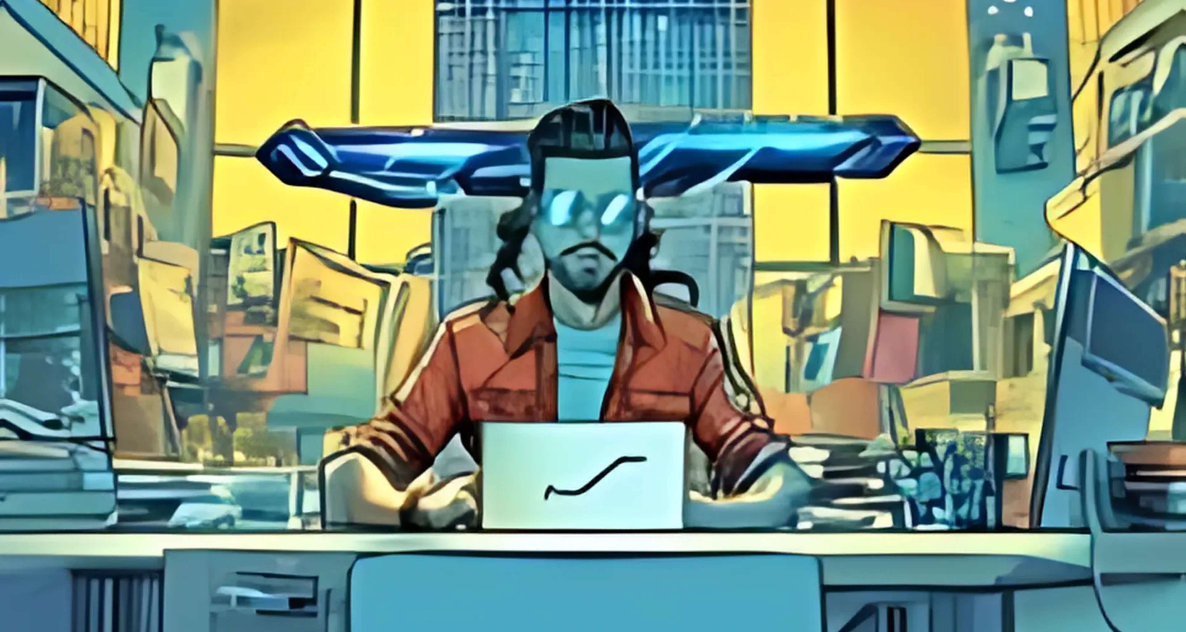 A futuristic scene featuring a man wearing reflective glasses and a red jacket, working on a laptop in a neon-lit urban office.