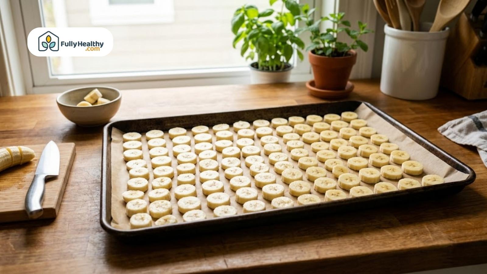 Banana slices arranged on tray ready for freezing in kitchen