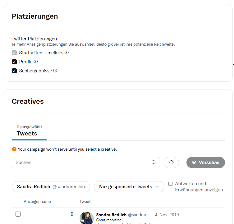 Screenshot von Platzierungen und Creatives von Twitter-werbung