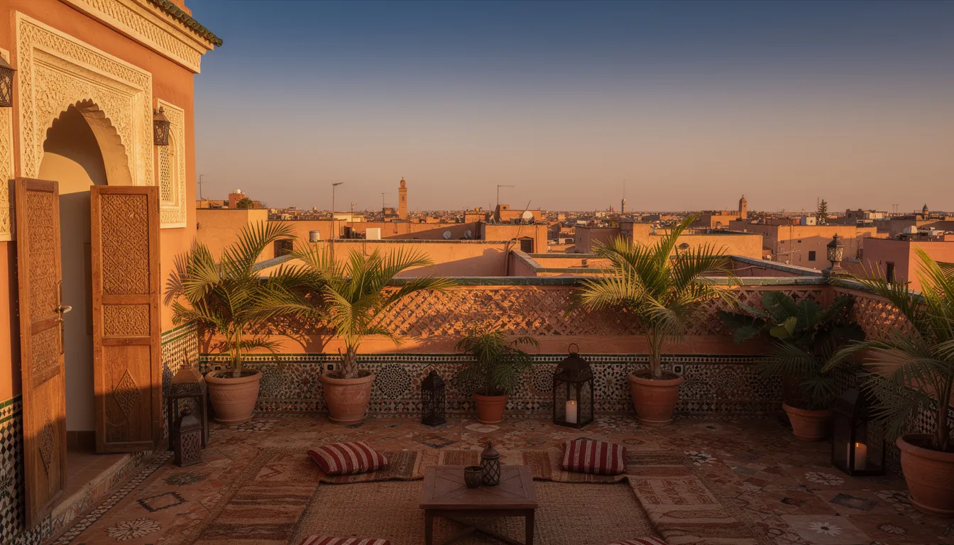 The image depicts a traditional riad rooftop terrace adorned with palm trees, offering stunning views of a bustling city. The architectural details reflect the rich Moroccan craftsmanship, showcasing intricate tile work and traditional design elements characteristic of Moroccan riads.