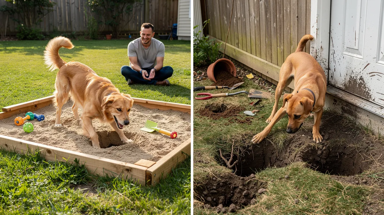The image depicts a dog digging energetically in a yard, showcasing its instinctive behavior and the common reasons behind dogs dig, such as boredom or the need for physical exercise. In the background, a few flower beds are visible, illustrating a typical digging spot that might be discouraged by pet owners.