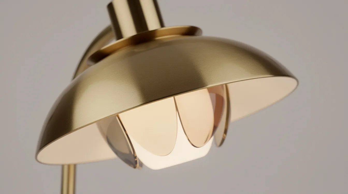 Närbild på en elegant designlampa i mässing med färgat glas, som står ut mot en neutral bakgrund. Lampan ger rummet en modern och stilfull belysning, perfekt för att skapa en mysig stämning i vardagsrummet.