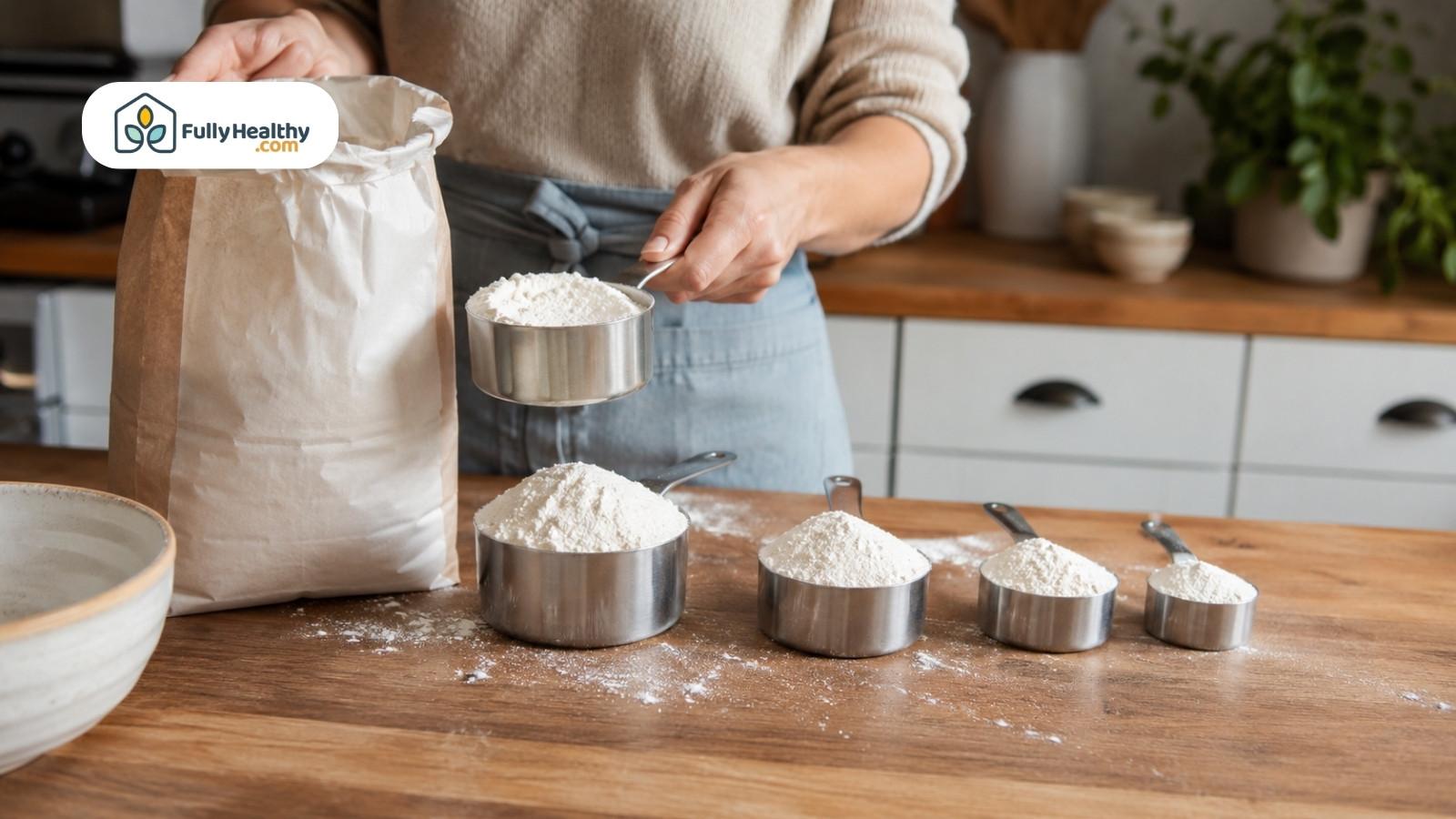 Woman measuring flour into cups beside flour bag on wooden kitchen counter