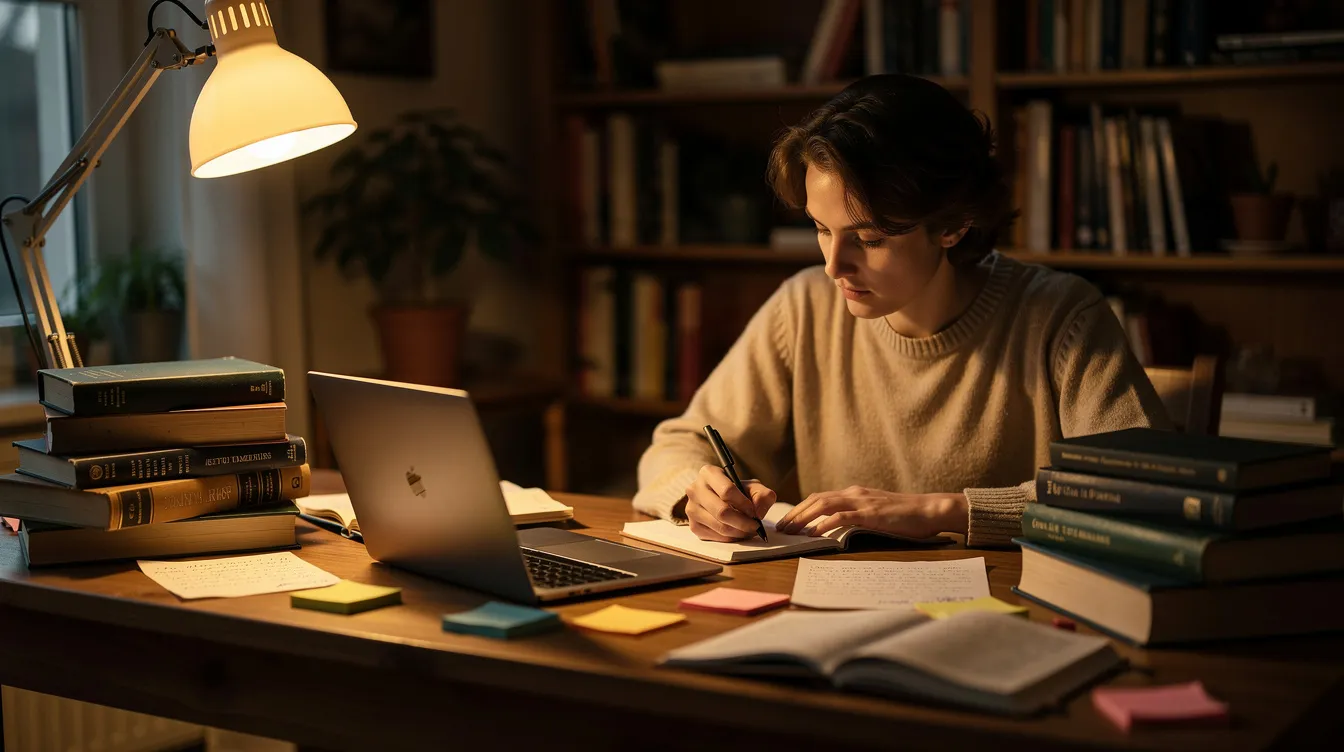A person is studying at a desk with a laptop, surrounded by books and notes, creating a warm and focused environment. The scene reflects a commitment to learning about complex topics such as large language models and natural language processing.