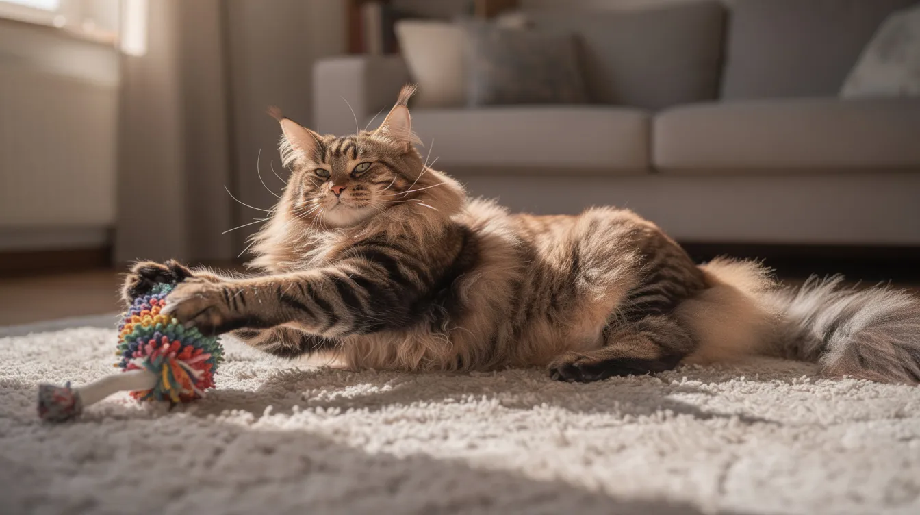 A large Maine Coon cat is stretching its body while gripping a long stuffed kicker toy with all four paws on a cozy rug, showcasing its playful side. This durable kicker toy, filled with fresh catnip, provides mental stimulation and entertainment for cats, making it a favorite among feline friends.