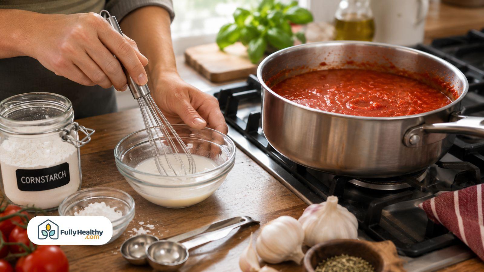 Whisking cornstarch slurry before adding it to homemade tomato sauce for thickness