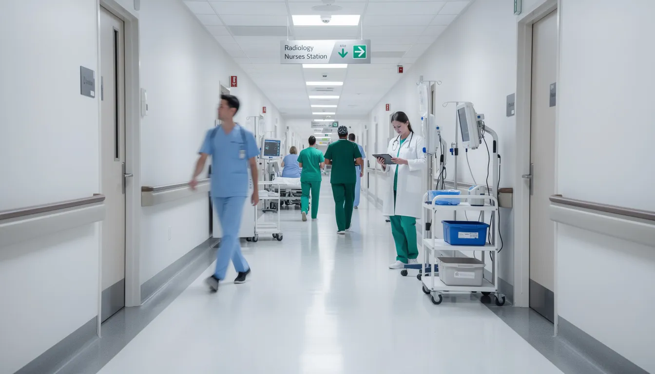 The image depicts a busy hospital corridor filled with healthcare professionals, including nurses and doctors, walking alongside various medical equipment. This scene highlights the medical community's dedication to providing care, which can sometimes involve complex medical malpractice cases if errors occur.