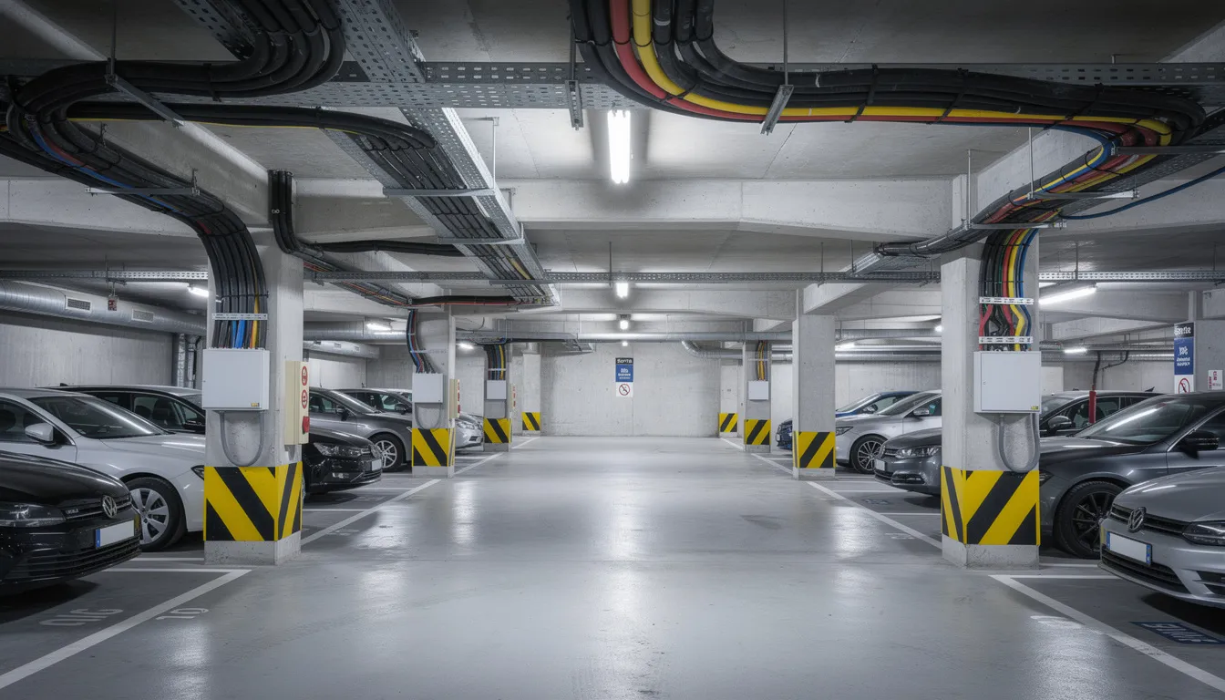 Des câbles électriques sont soigneusement installés dans des goulottes dans un parking souterrain, prêts à alimenter des bornes de recharge pour véhicules électriques. Cette mise en place est essentielle pour assurer la sécurité et la fonctionnalité de l'infrastructure de recharge.
