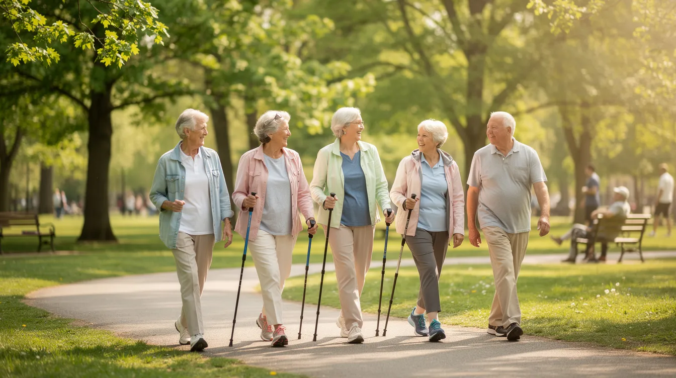 The image depicts active elderly adults walking together in a park, promoting healthy aging and cardiovascular health through physical activity. Engaging in such lifestyle factors can lower the risk of cardiovascular disease and improve overall health outcomes for older adults.
