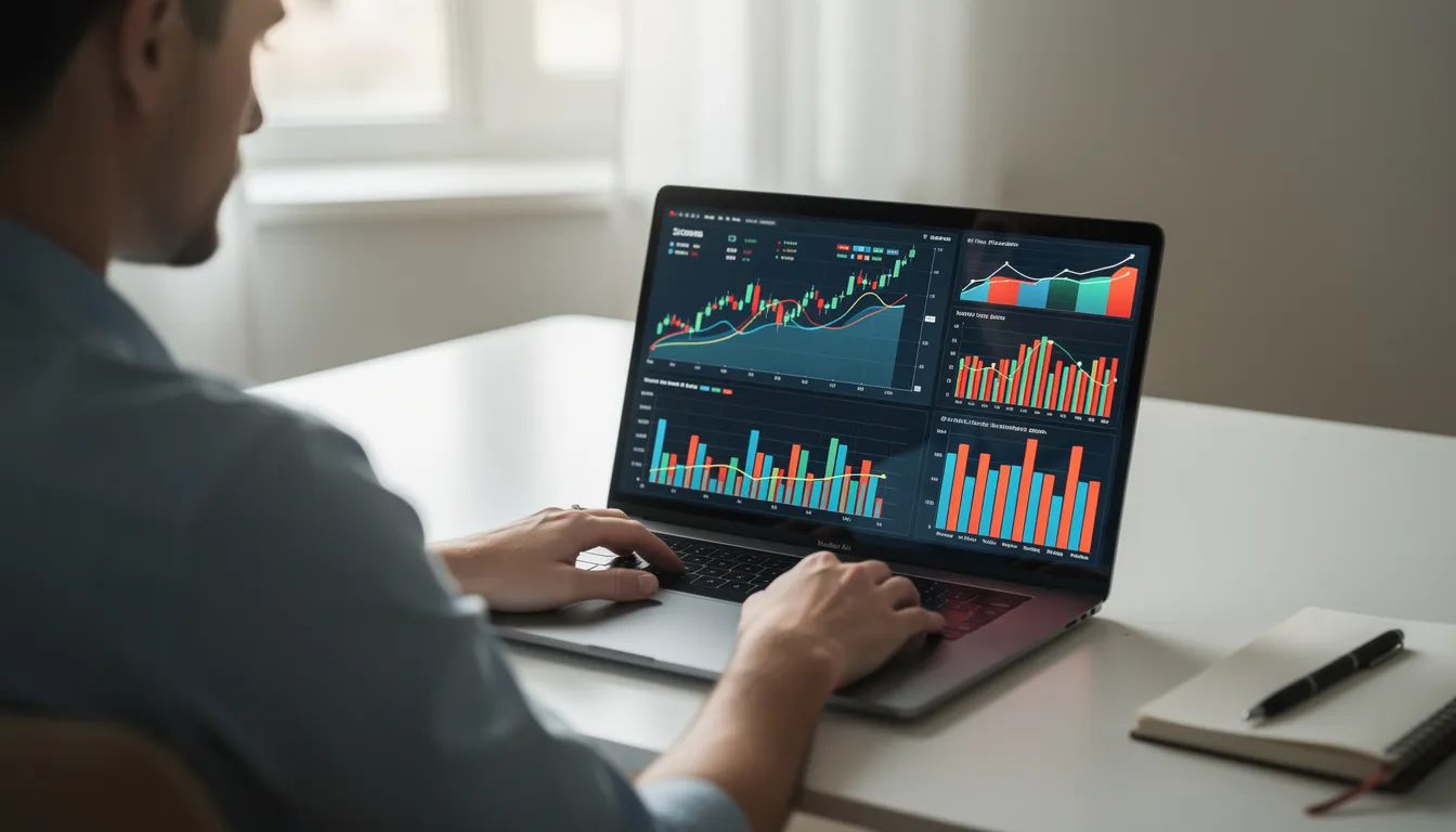 Une personne consulte des graphiques sur un écran d'ordinateur portable, probablement pour analyser des données liées à l'immigration au Canada, comme les programmes de l'entrée express et les critères de résidence permanente. Les graphiques pourraient illustrer des informations sur les travailleurs qualifiés et les candidats des provinces dans le cadre du système de classement global.