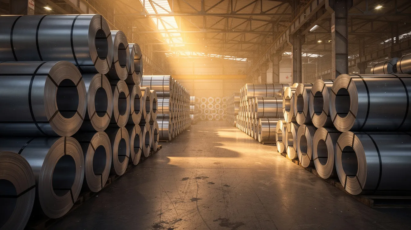 The image features large steel coils stacked neatly in an industrial warehouse, illuminated by warm lighting, showcasing the scale and texture of hot rolled and cold rolled steel products. The coils exhibit a rough surface finish typical of hot rolled steel, highlighting their industrial application and the precise dimensions achieved through the rolling process.