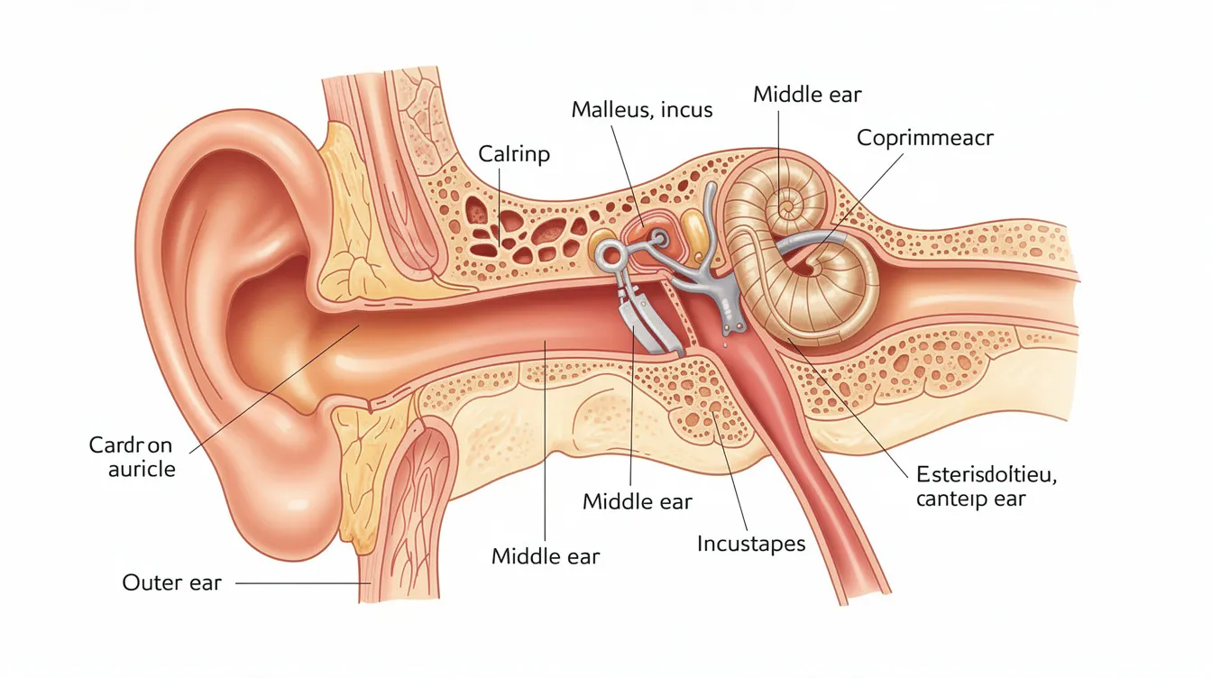 Die anatomische Darstellung eines menschlichen Ohrs zeigt das Außenohr, Mittelohr und Innenohr in warmen Farben, wobei die verschiedenen Strukturen deutlich erkennbar sind. Diese Illustration kann hilfreich sein, um Informationen über Ohrenschmerzen, Mittelohrentzündung und mögliche Hausmittel zur Linderung von Beschwerden zu vermitteln.